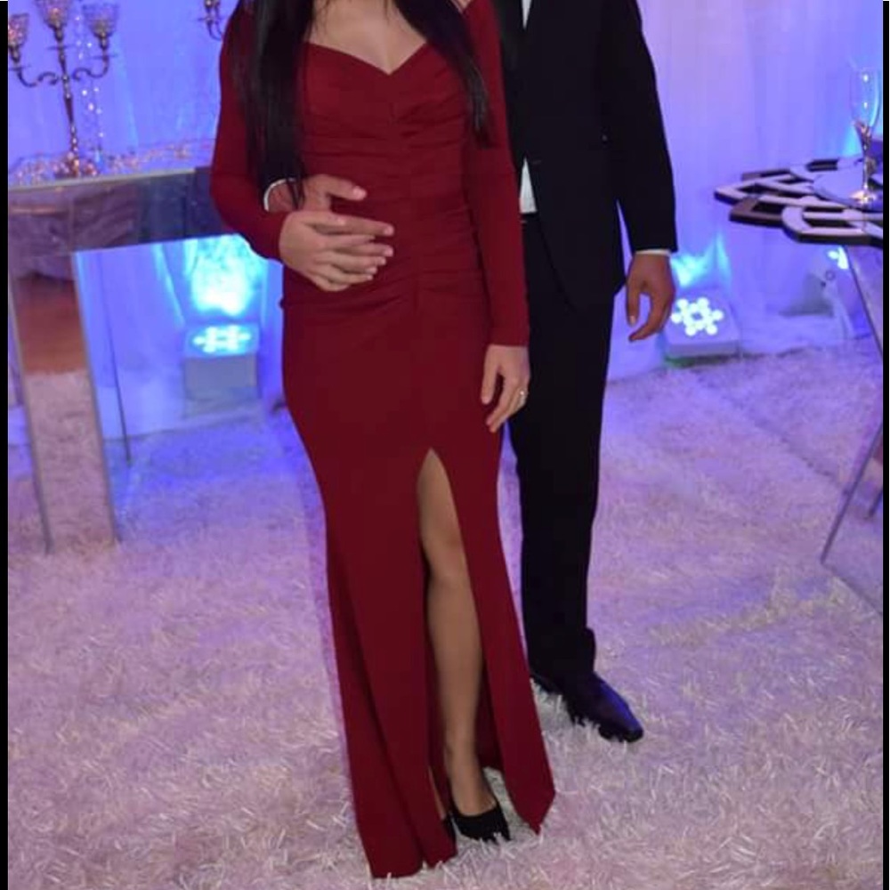 elegant red dress front slit long sleeve prom sexy